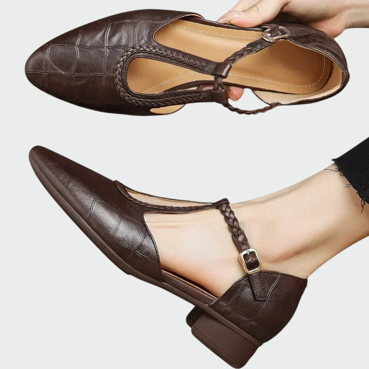 Elegant women's pointed toe Mary Jane shoes with T-Bar strap and comfortable block heel. Classic, versatile, and stylish.