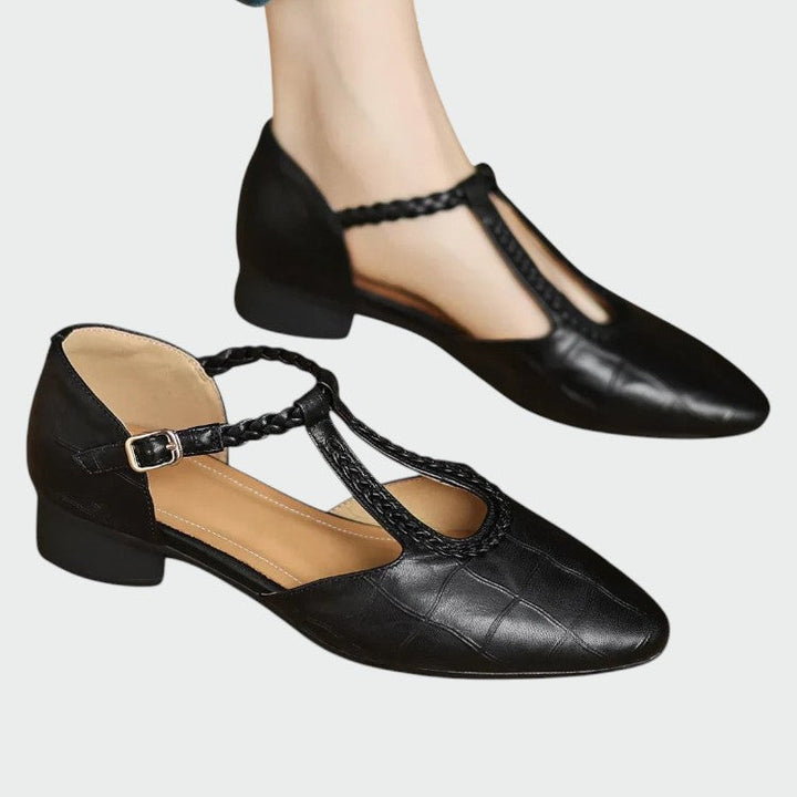 Elegant women's pointed toe T-Bar Mary Jane shoes with comfortable block heel, perfect for work or evening wear.