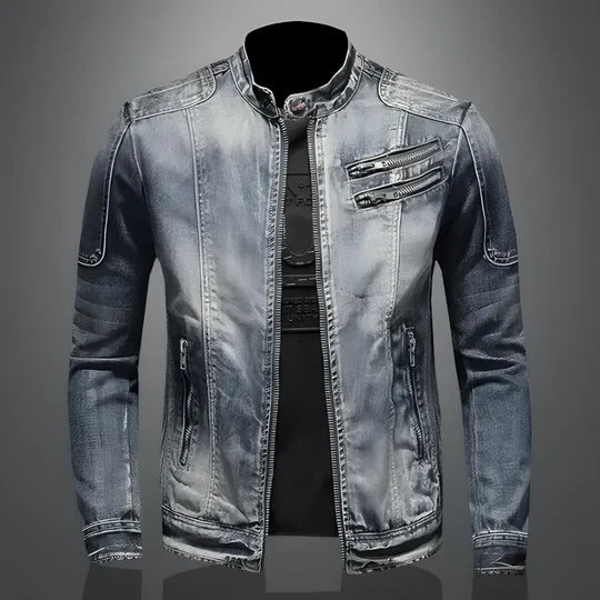 Rugged men's vintage style denim jacket, perfect retro fashion outerwear for versatile casual outfits.