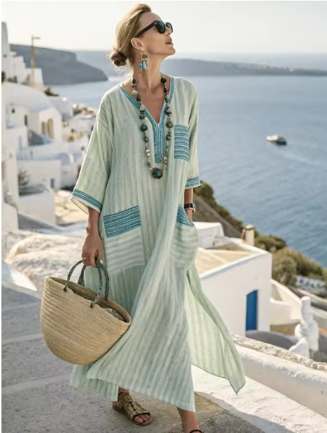 Striped patchwork plus size women's maxi dress, short sleeve, casual and flowy for comfortable summer wear.
