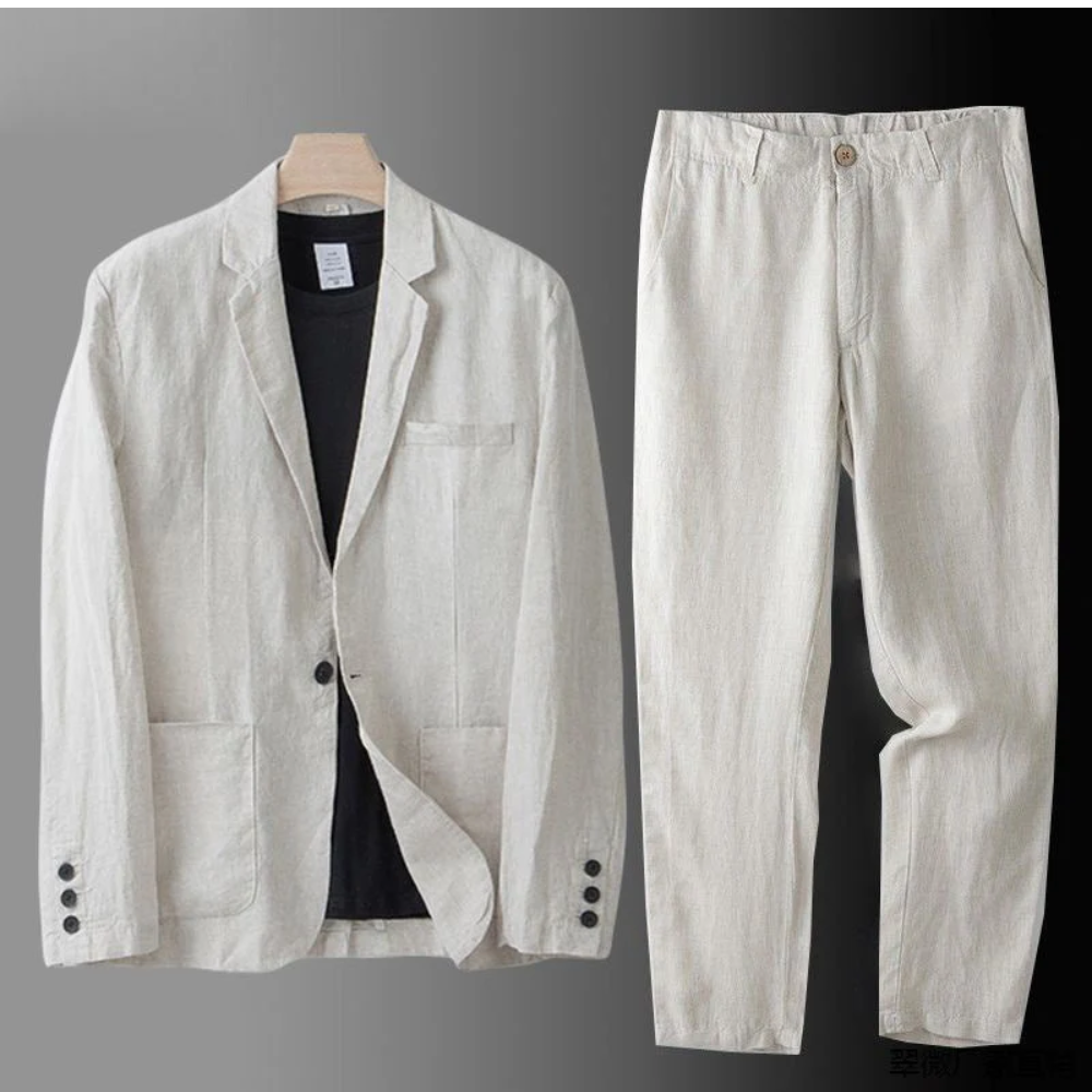 Men's summer vacation outfit: comfortable casual button cardigan & coordinating trousers.