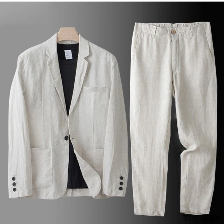 Men's summer vacation outfit: comfortable casual button cardigan & coordinating trousers.