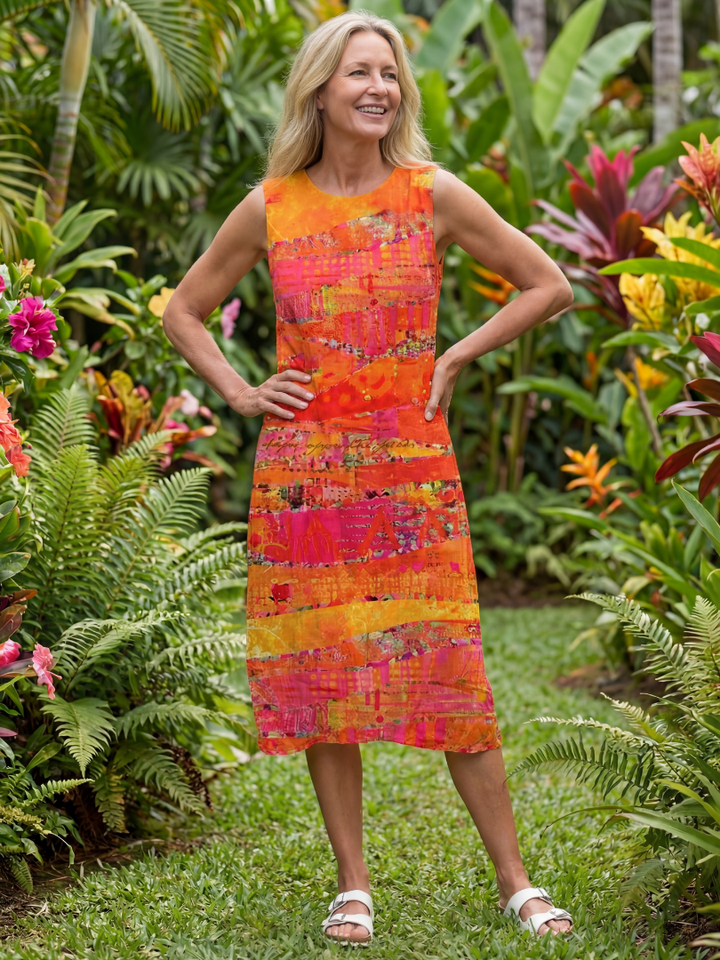 Women's Painted Path abstract sleeveless midi dress. Vibrant, flowy summer dress with unique artistic pattern.