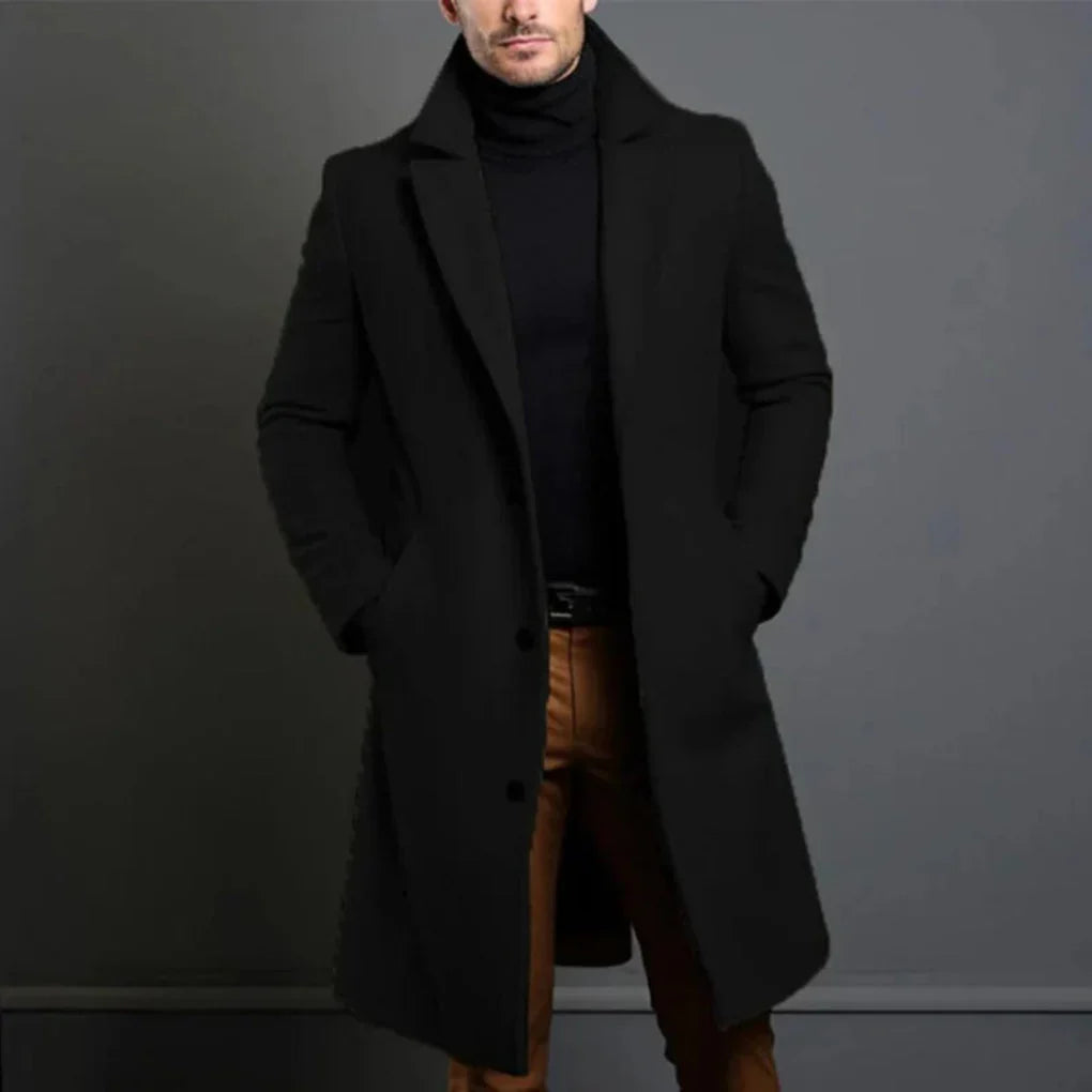 Elegant men's modern longline overcoat, ideal for cooler fall and winter weather. Classic menswear.