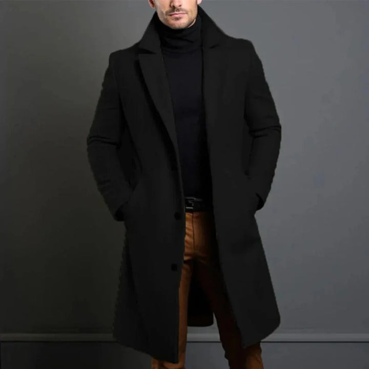 Elegant men's modern longline overcoat, ideal for cooler fall and winter weather. Classic menswear.