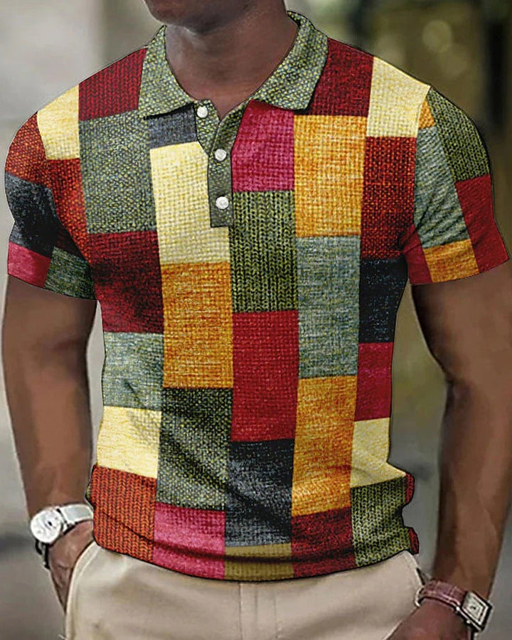 Modern men's short-sleeve polo with classic checkered pattern, perfect for a comfortable & fashionable summer top.