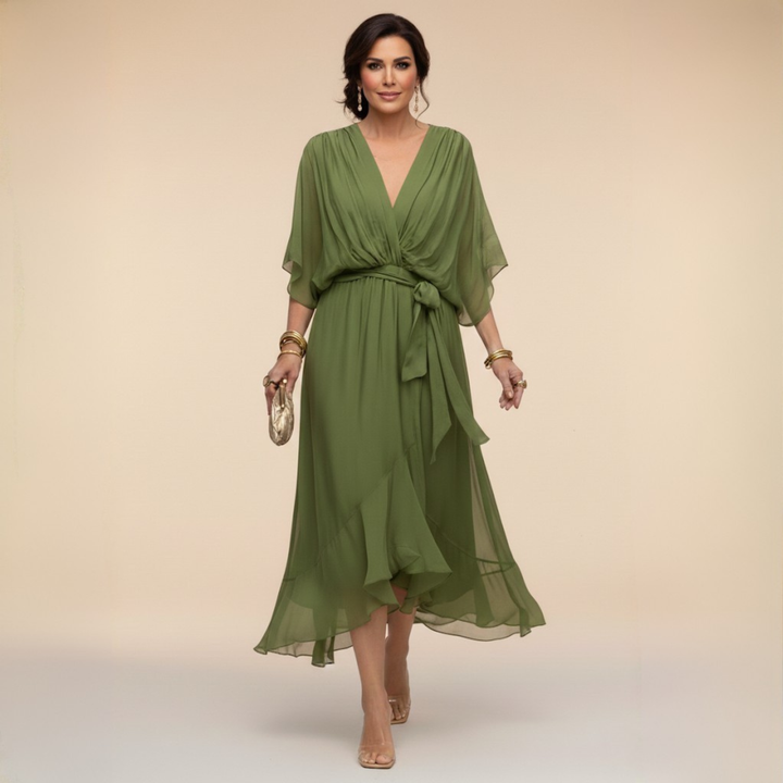 Elegant women's V-neck maxi dress with flowy sleeves, perfect for evening parties & formal events.