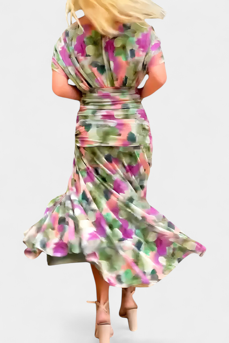 Sophisticated women's floral V-neck maxi dress, elegant and flowy, ideal for summer & evening occasions.