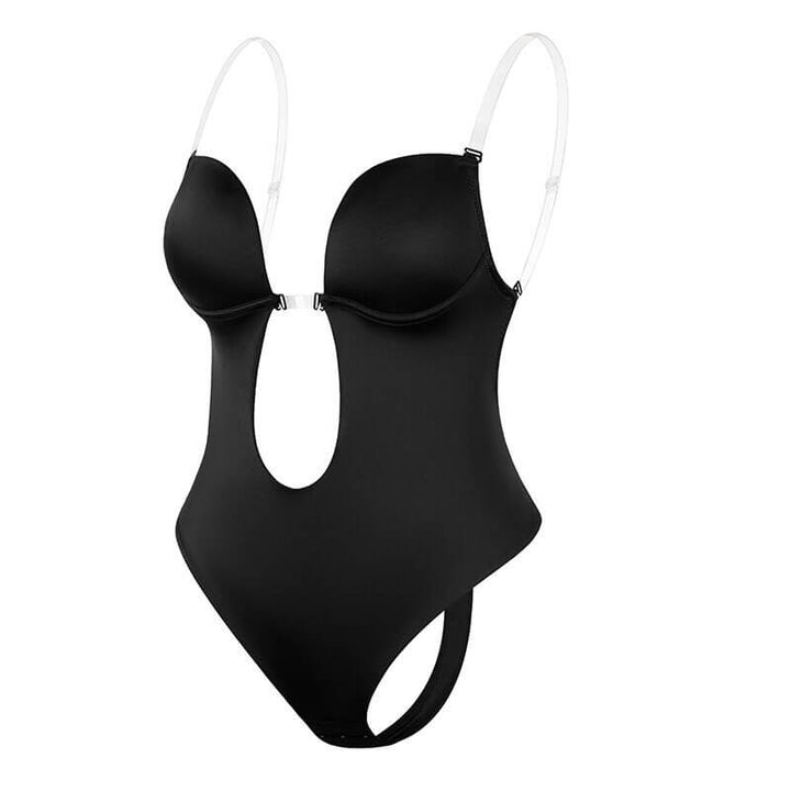 Women's backless body shaper with deep V design, seamless sculpting shapewear for invisible support under dresses.