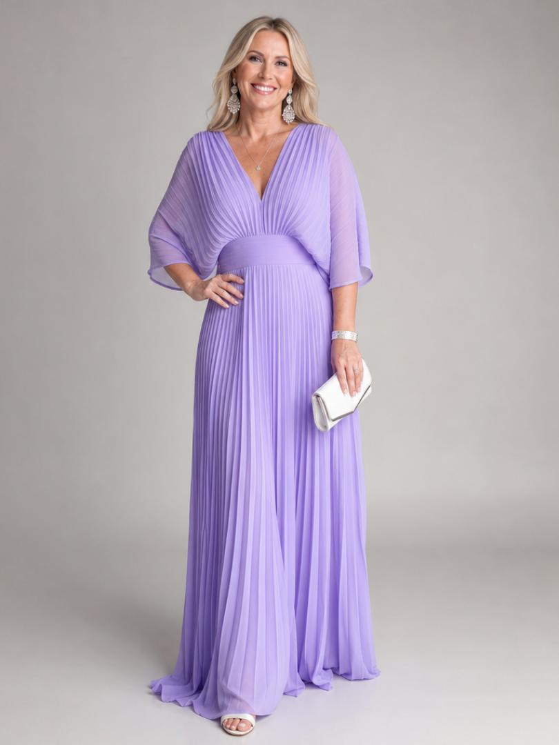 Elegant women's V-neck long-sleeve pleated maxi dress, perfect for formal events & evening wear.
