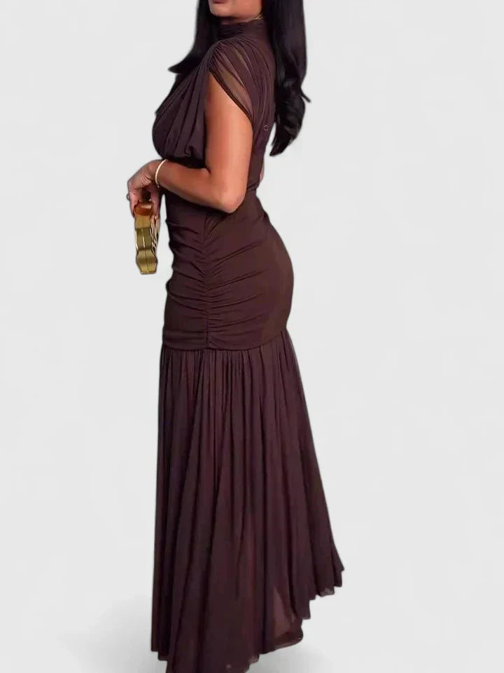 Women's elegant high-neck maxi dress with stylish draping, adjustable straps & flattering fit. Perfect for summer parties.