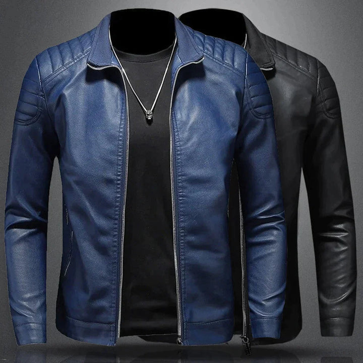Close-up of a men's black slim-fit biker jacket showcasing quilted shoulders and a sleek stand collar.