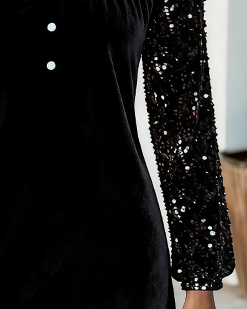 Festive women's elegant dress with sparkling long sleeves, ideal for formal celebrations & events.