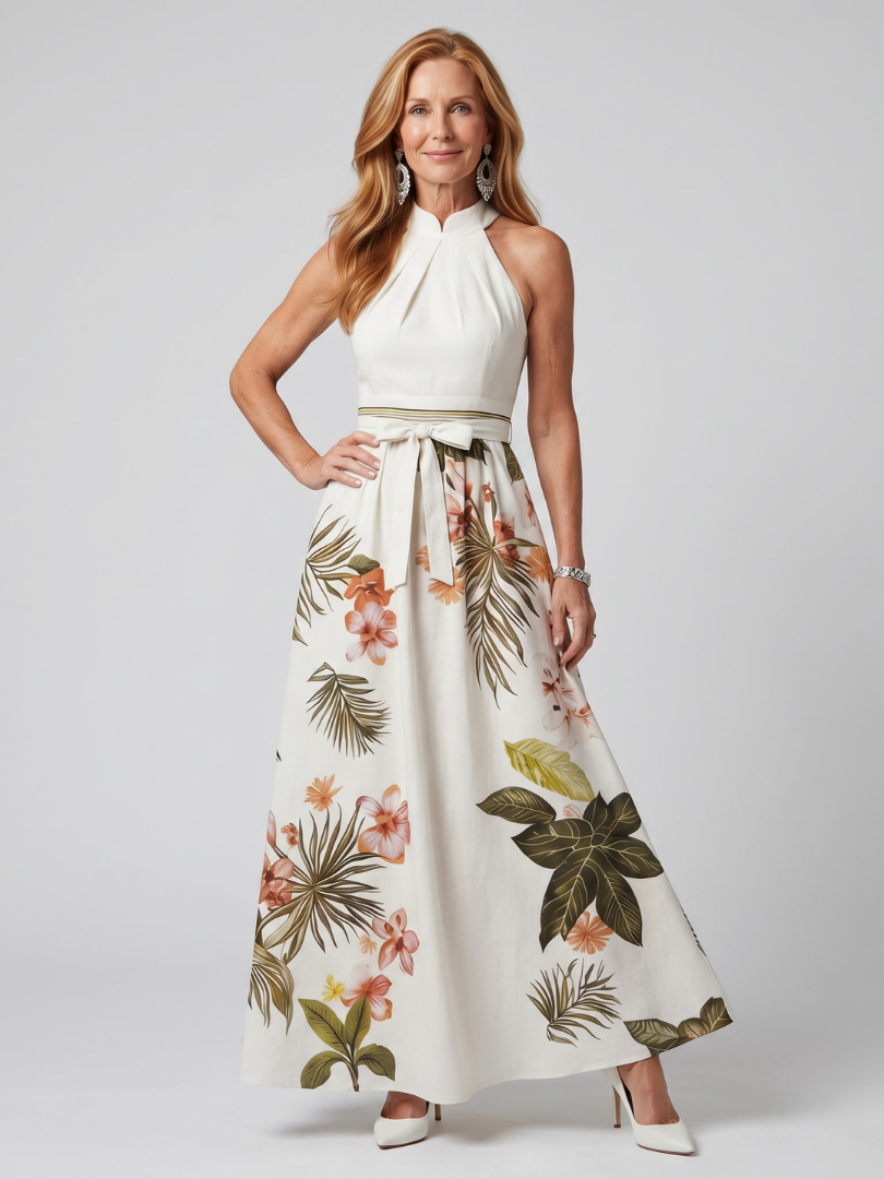 Elegant white draped halter maxi dress for women, perfect for summer events & beach vacations.