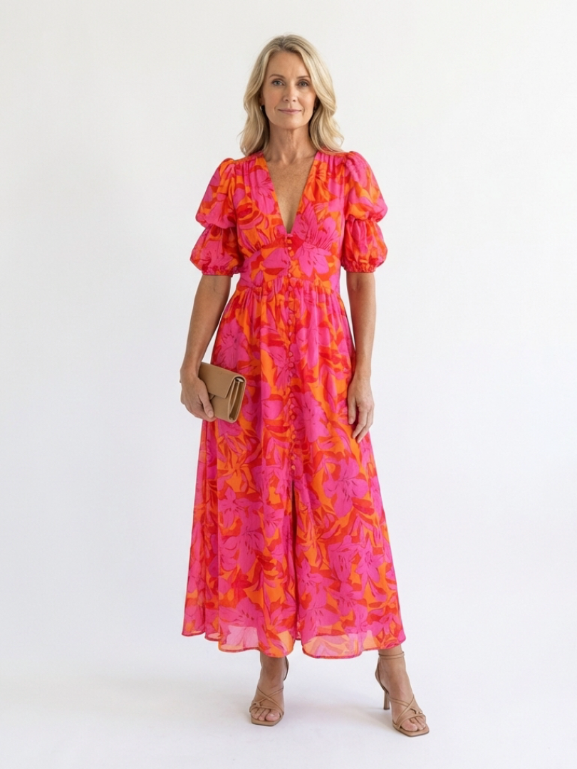 Women's pink floral V-neck midi dress with puff sleeves. Perfect for summer casual wear, flowy relaxed fit.