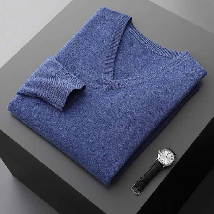 Soft textured knit men's V-neck sweater, stylish long sleeve pullover for classic menswear fashion.