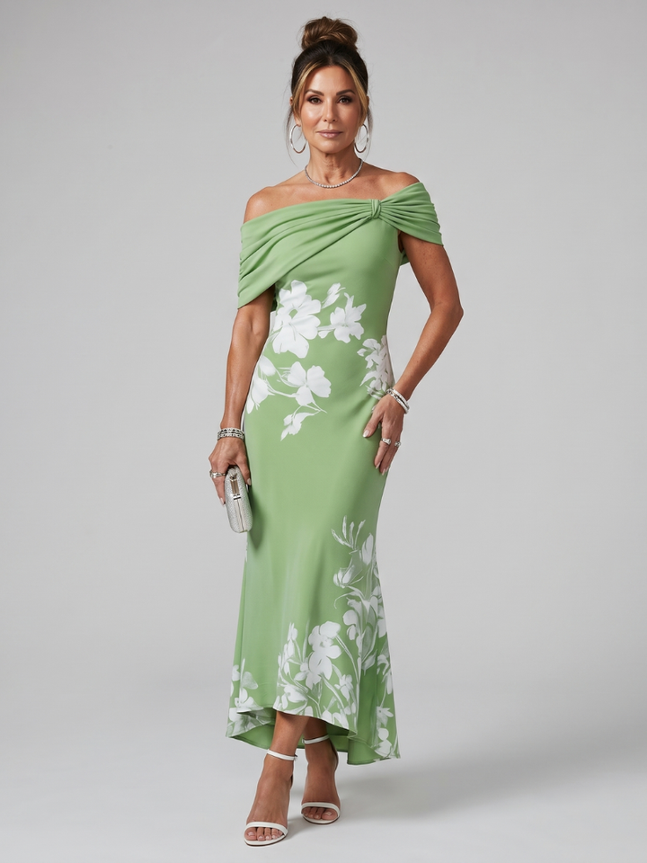 Elegant black off-shoulder midi dress with a draped neckline, perfect for sophisticated evening wear & cocktail parties.