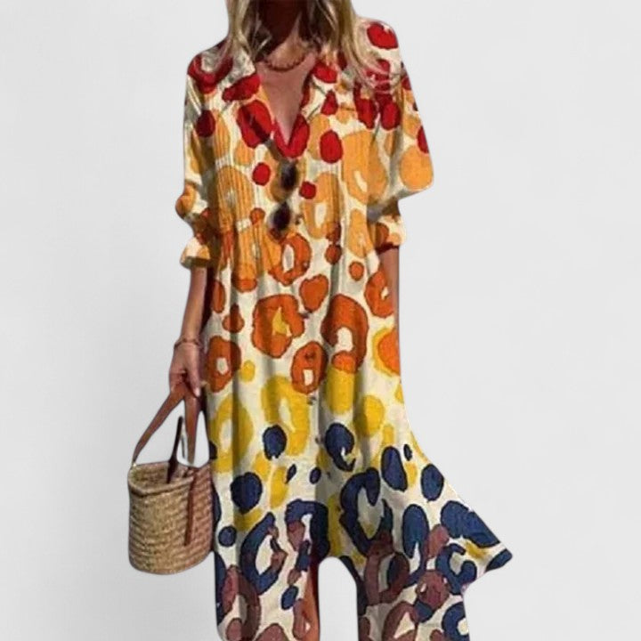 Chic women's boho maxi dress with intricate patterns, an elegant choice for summer events & comfortable wear.