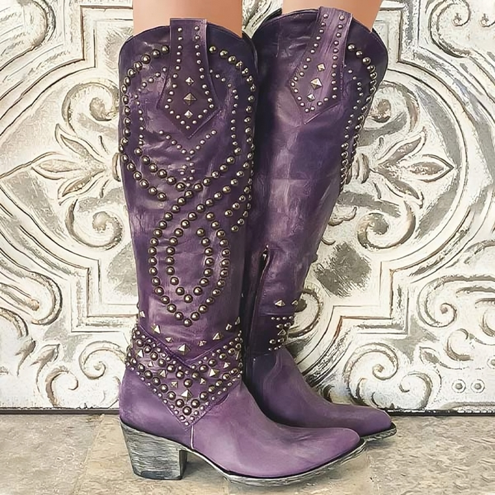 Stylish women's orthopedic knee-high boots with comfortable block heel & pointed toe, ideal for fall & winter fashion.