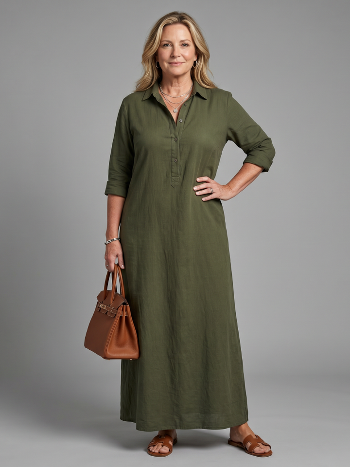 Women's long sleeve relaxed maxi dress with collar & button front for elegant everyday wear.