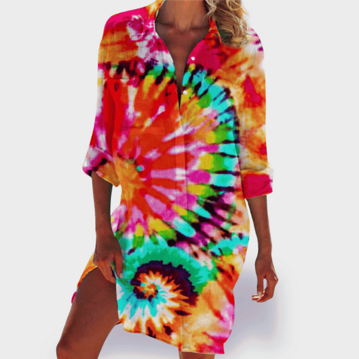 Flowy colorful casual summer dress for women, ideal for sunny days and beach trips.