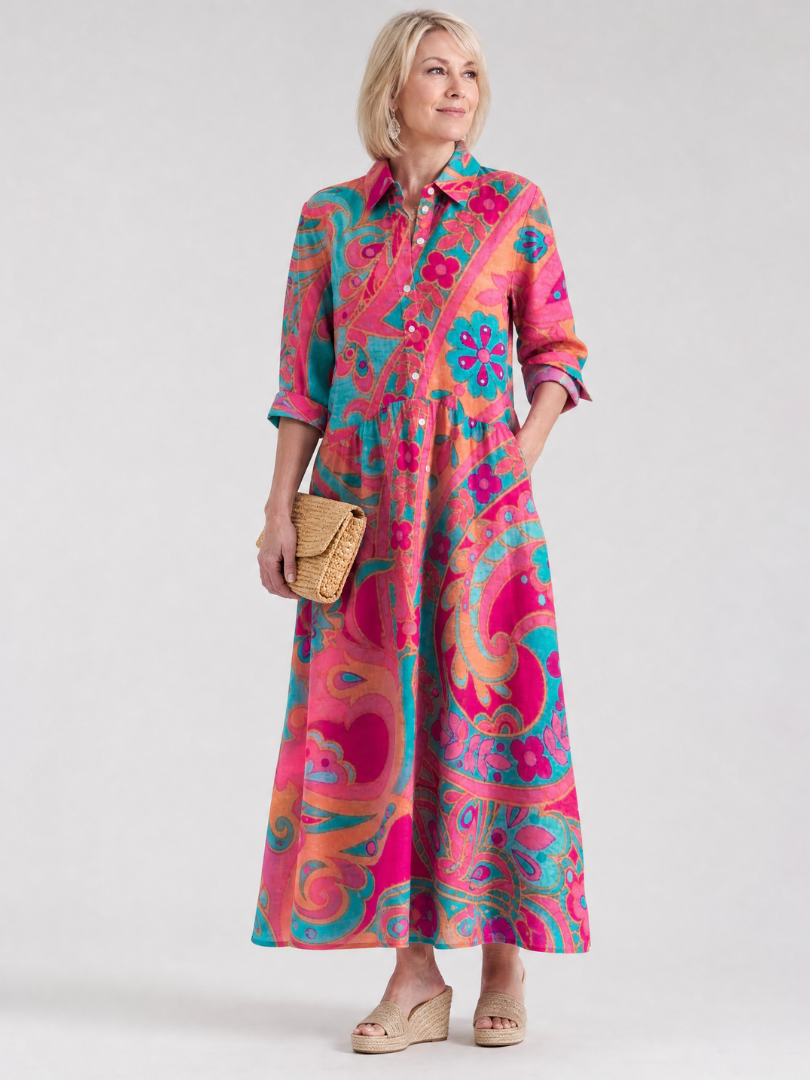 Women's Klera printed midi dress with collared neckline & full button front. Perfect for casual summer travel.
