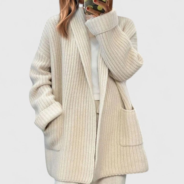 Soft knit women's relaxed fit camel open cardigan, a versatile layering piece for everyday & fall fashion.