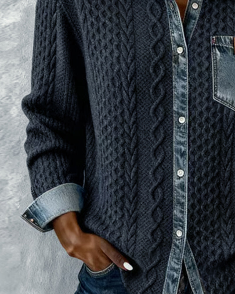 Essential women's fall blouse: cable knit, button-front, long-sleeve. Textured top for casual, office, & everyday.