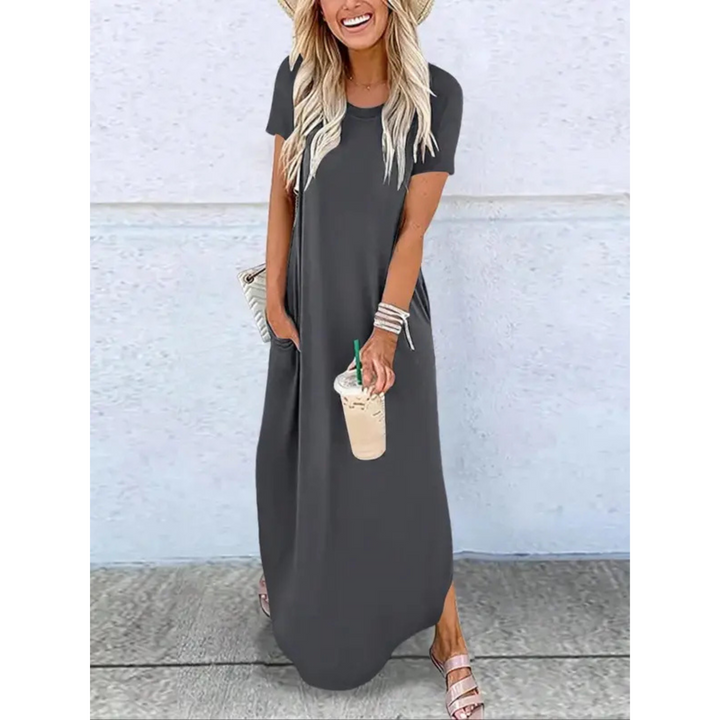 Women's relaxed fit summer maxi dress with a round neck and short sleeves, perfect for casual wear.