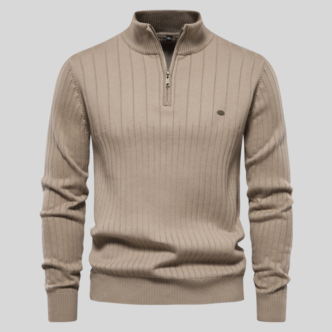 Fitted men's long-sleeve quarter-zip sweater with a stylish mock neck, excellent for casual fashion.
