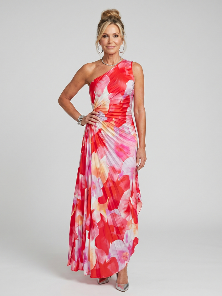 Elegant women's one shoulder pleated midi dress with beautiful floral print, perfect for formal evenings & parties.