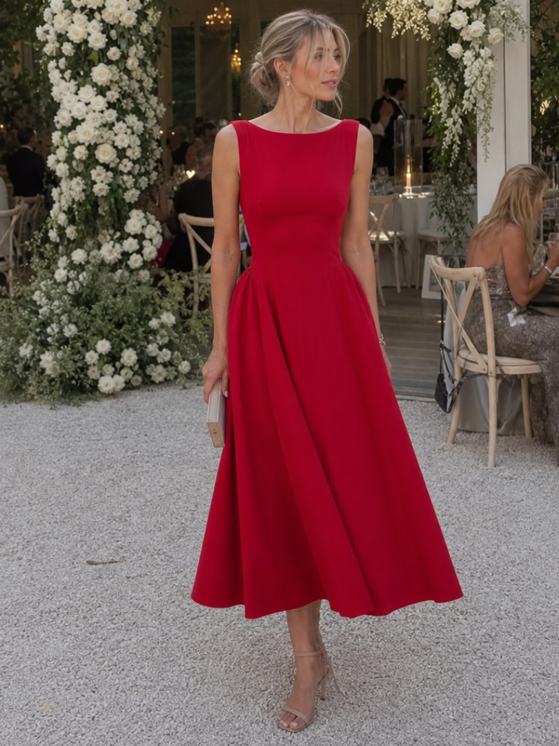 Elegant women's sleeveless crew neck fitted midi dress, perfect for cocktail parties & summer occasions.