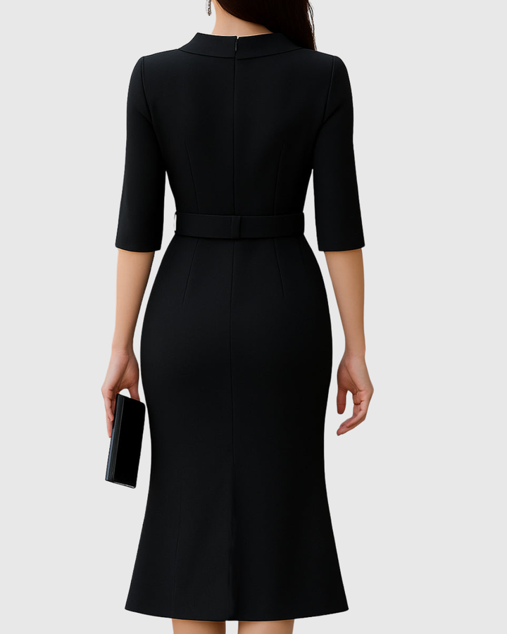 Tailored black midi dress for women, featuring a sophisticated silhouette suitable for formal events and elegant office wear.