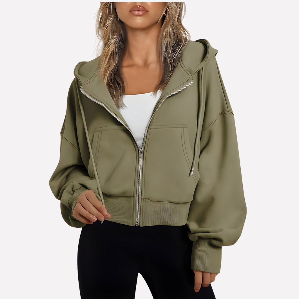 Women's cropped zip hoodie with a relaxed fit, perfect for modern street style.