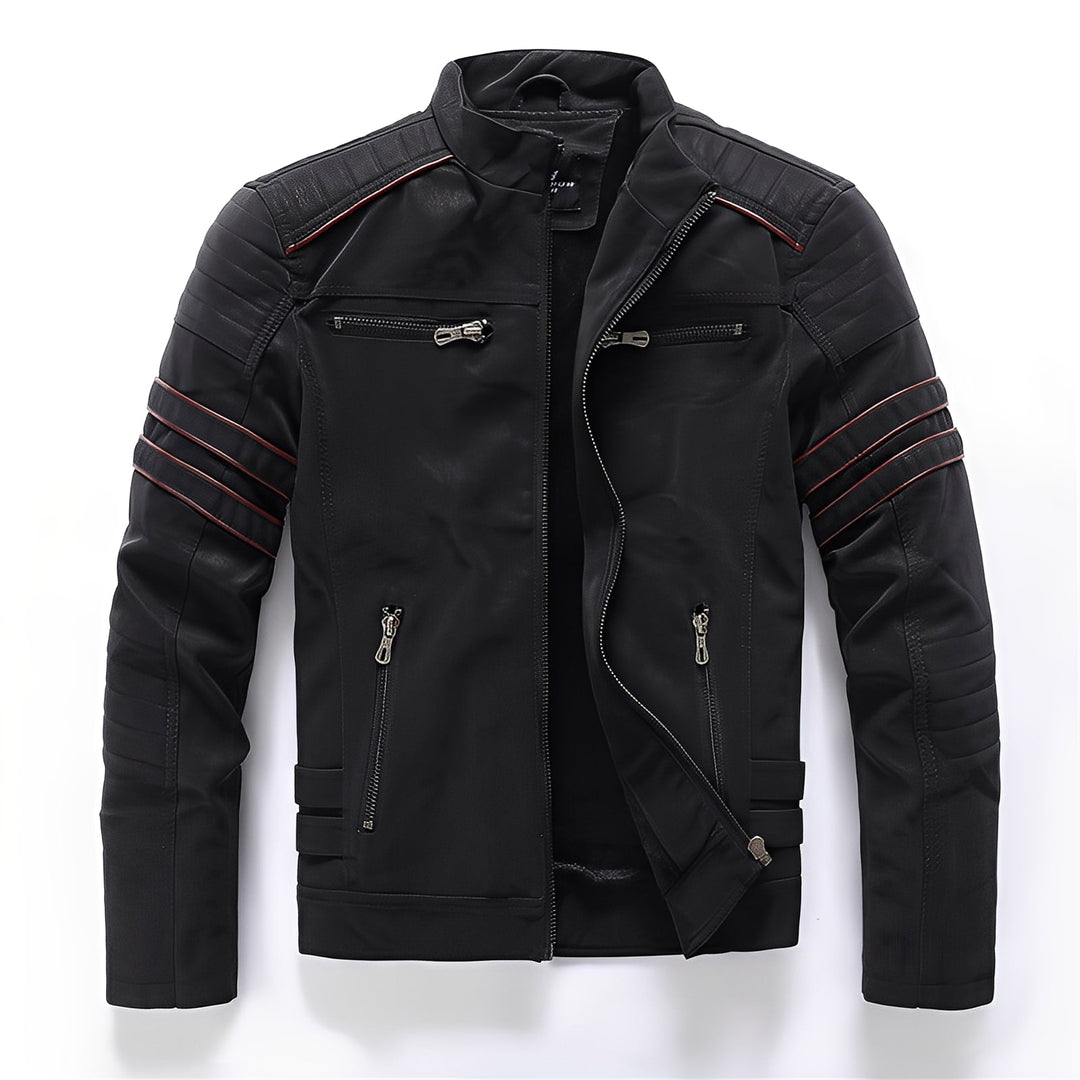 Bold men's stylish motorcycle jacket, robust design, an essential piece of fall/winter outerwear.