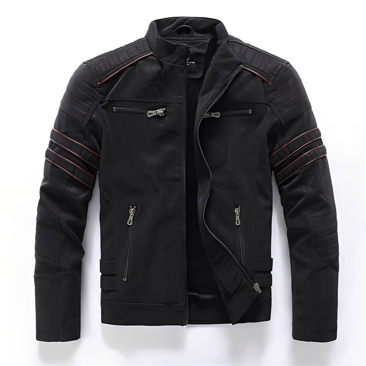 Bold men's stylish motorcycle jacket, robust design, an essential piece of fall/winter outerwear.