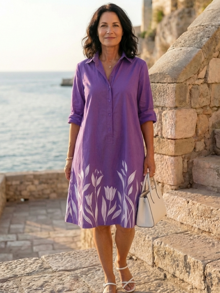 Elegant women's purple botanical print evening dress with a relaxed fit.