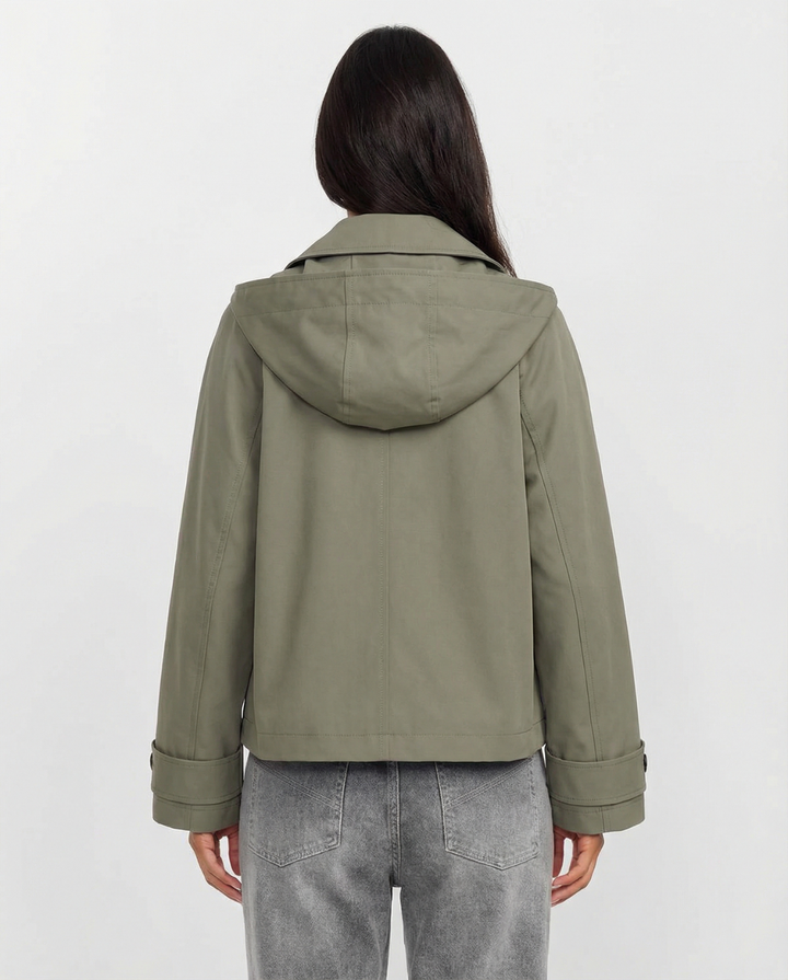 Casual women's cropped hooded windbreaker jacket, modern everyday wear. Stylish for spring & autumn outdoor activities.