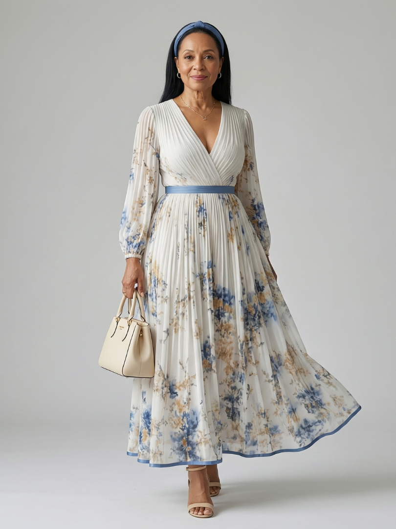 Elegant white floral pleated wrap midi dress for women with long sleeves and a flattering V-neck, perfect for day or special occasions.