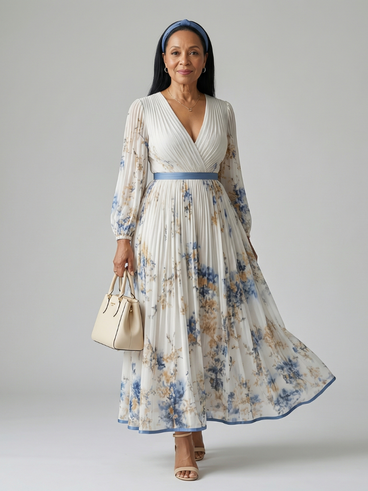 Elegant white floral pleated wrap midi dress for women with long sleeves and a flattering V-neck, perfect for day or special occasions.