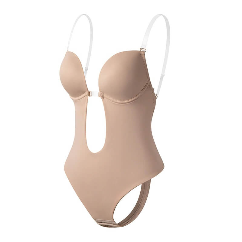 Elegant women's backless deep V body shaper, seamless for smooth sculpting and invisible support under outfits.