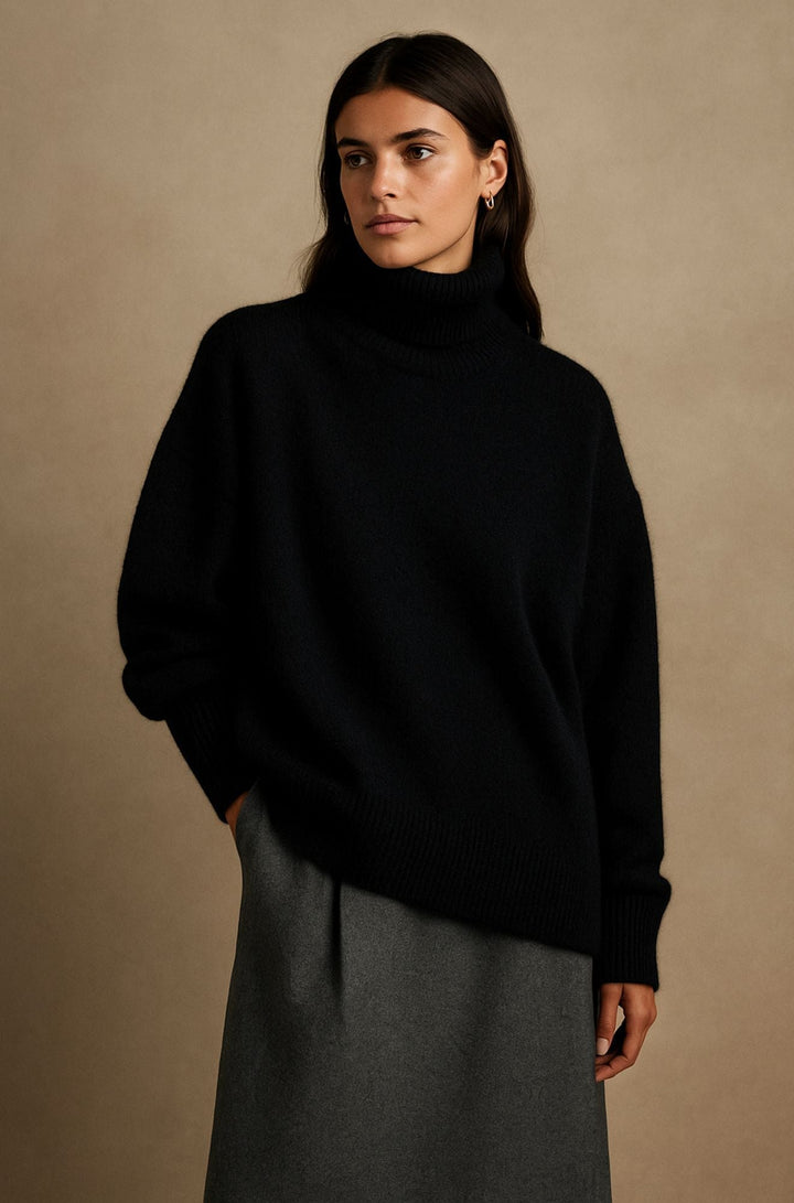 Women's relaxed fit turtleneck jumper in a cozy knit. Perfect for comfortable winter fashion.