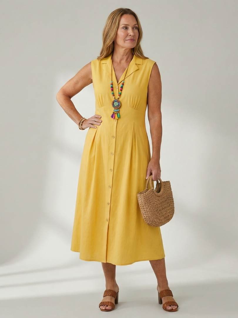 Women's stack button midi dress, sleeveless, perfect for summer casual wear.