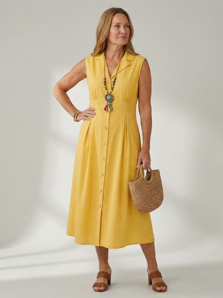 Women's stack button midi dress, sleeveless, perfect for summer casual wear.