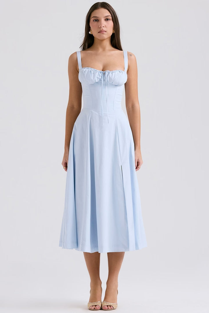 Chic white floral print corset midi dress with lace-up detail. Sophisticated women's evening wear.