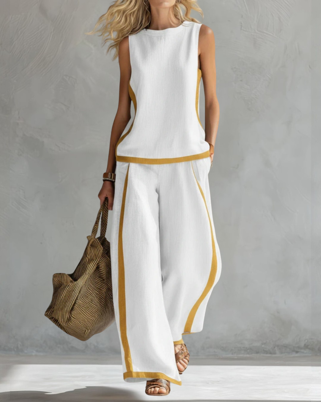 Women's stylish wide leg trouser & sleeveless top set. Elegant, comfortable, and versatile two-piece for summer.