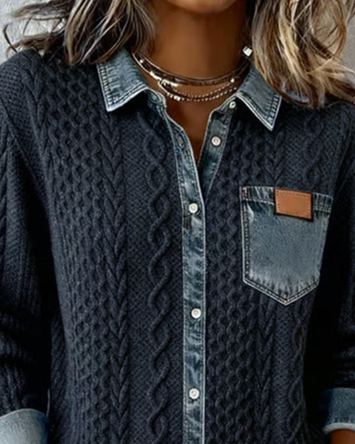 Elegant & casual women's button-front blouse. Cable knit textured long-sleeve top, perfect for versatile styling.