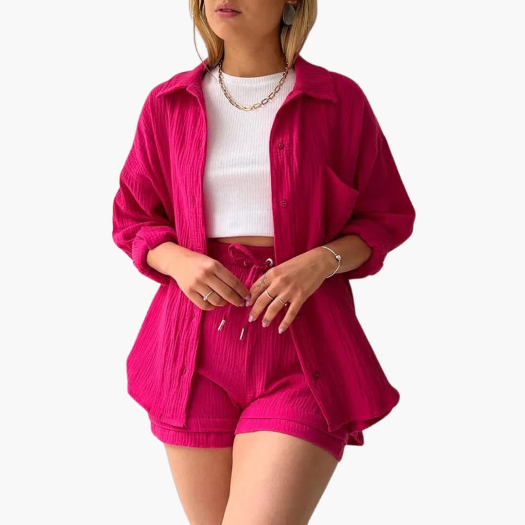 Textured fabric women's three-piece matching set: open shirt, crop top, and elastic waist high-waist shorts.