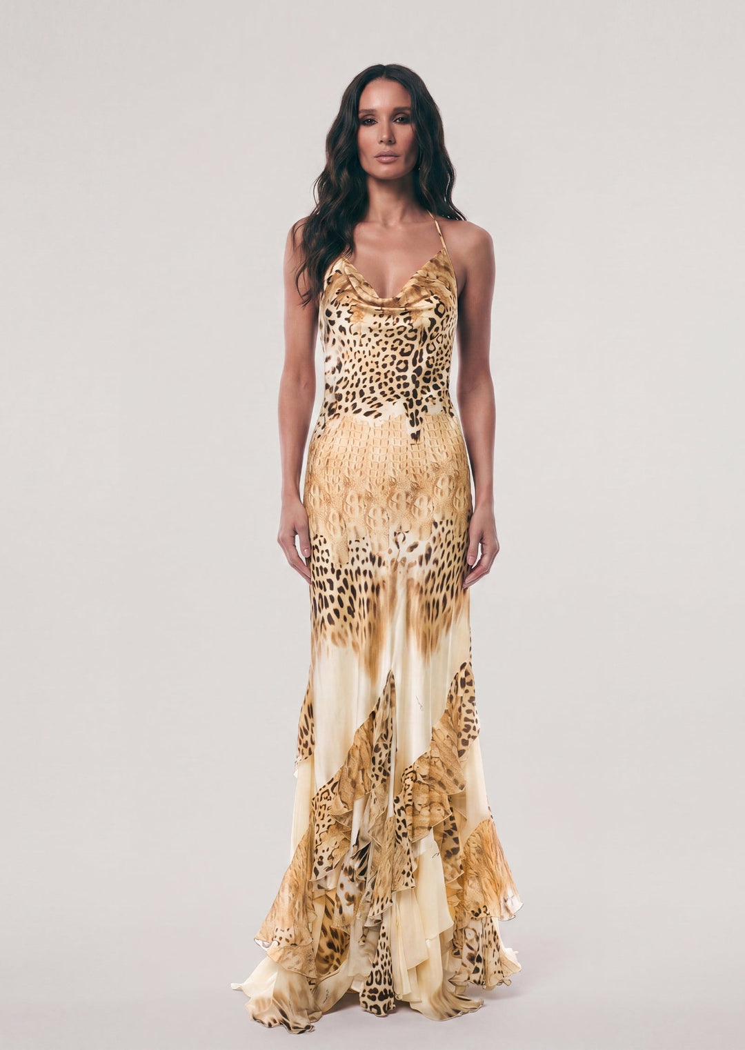 Women's elegant cheetah print maxi dress, perfect for evening wear & special occasions.