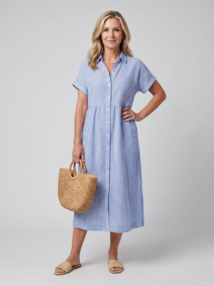 Women's striped short sleeve midi dress with a button-front, perfect for casual spring and summer style.